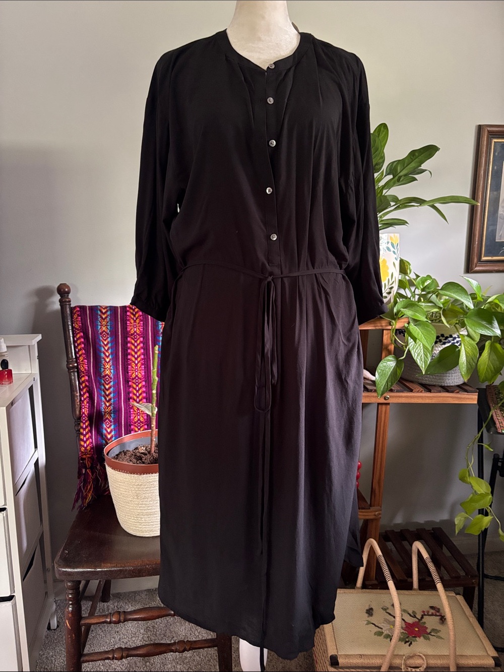 LOFT Black Button-Front Midi Dress with Tie Waist